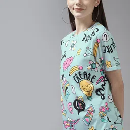 the dry state Women Printed Round Neck Pure Cotton Blue T-Shirt image 3