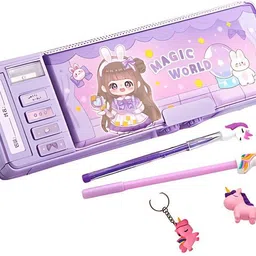 k3nterprises Durable Magic World Pencil Case with Cute Pen Eraser and Keychain Combo cartoon Art Plastic Pencil Box image 1