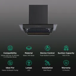 Kutchina Energia 60cm 1150m3/hr Ducted Auto Clean Wall Mounted Chimney with Push Button Switch (Black) image 3