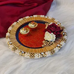 satyam kraft 1 pc Handcrafted Round Platter Holder Tray Rakhi Rakshabhandhan Platter Function Wood Decorative Platter-picture-33