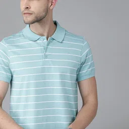 roadster Men Striped Polo Neck Pure Cotton Blue T-Shirt-picture-21
