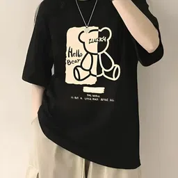 watto Women Printed Round Neck Cotton Blend Black T-Shirt image 4