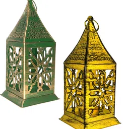 Temple Decorative Hanging Lantern/Lamp with t-Light Candle, set of 2 (Size 9x9x20CM) Yellow, Green Iron Hanging Lantern-image-3