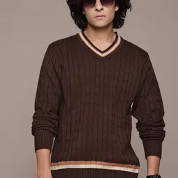 roadster Men Self Design Round Neck Brown Sweater-picture-17