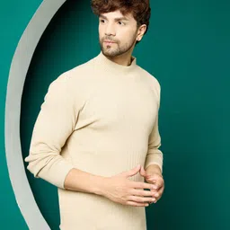 houseofcommon Men Solid High Neck Beige Sweater image 4