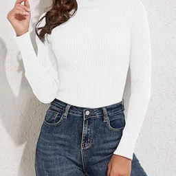 maaproduction Women Self Design High Neck Wool Blend White T-Shirt image 3