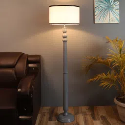 Confined White Metal and Fabric Shade Club Floor Lamp With Wood Base By Sapphire image 1