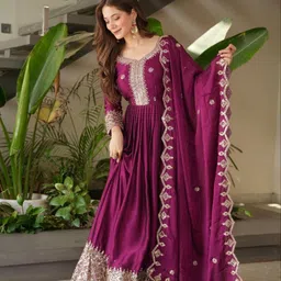 om creation Embroidered Georgette Stitched Anarkali Gown image 3