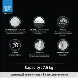voltas beko 7.5 kg Semi Automatic Top Load Grey, White image 3