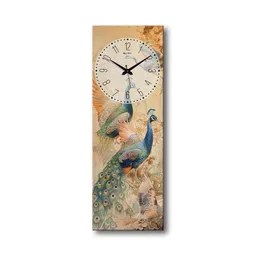 olive tree Multicolour Rectangle 24 Inches Wooden Wall Clock (Peacock) image 4