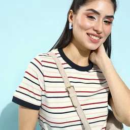 mast & harbour Women Striped Round Neck Pure Cotton White T-Shirt-picture-12