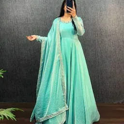 mdhurima fashion Embellished, Embroidered, Self Design Tussar Silk Stitched Anarkali Gown-picture-48