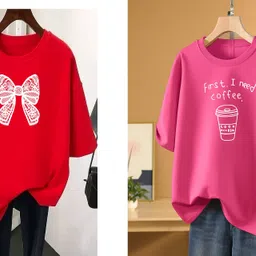 rapturous Pack of 2 Women Printed Round Neck Cotton Blend Red, Pink T-Shirt image 1