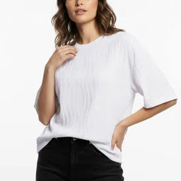 glitchez Women Self Design Round Neck Polyester White T-Shirt-picture-23