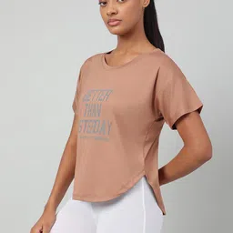 mkh Women Typography Crew Neck Polyester Brown T-Shirt image 2