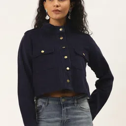 Off Label Women Navy Blue Corduroy Pure Cotton Solid Lightweight Crop Tailored Jacket-picture-16