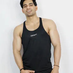 coitonic Plain Polyester Mens Sleeveless Stringer Slim Fit Sports and Gym Tank Top Men Vest image 1