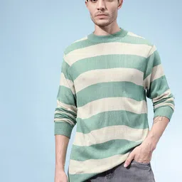 glitchez Men Striped Round Neck Green Sweater image 3