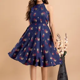 Women Cinched Waist Blue Below Knee Dress-image-0