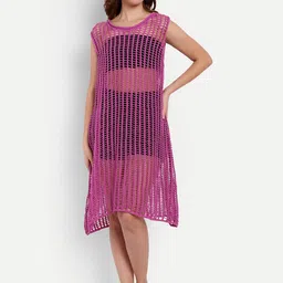 iki chic Purple Crochet Cotton Swimwear Cover-Up Dress-picture-40