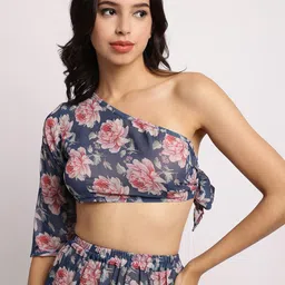 aoba EROTISSCH Navy Blue Floral Printed Relaxed Fit Crop Top & Skirt Swimwear Cover Up Set image 2