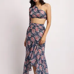aoba EROTISSCH Navy Blue Floral Printed Relaxed Fit Crop Top & Skirt Swimwear Cover Up Set image 4