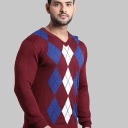 ColorPlus Men Blue & Maroon Printed Pullover image 3