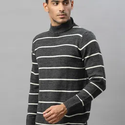 Style Quotient Men Grey & White Striped Pullover image 4
