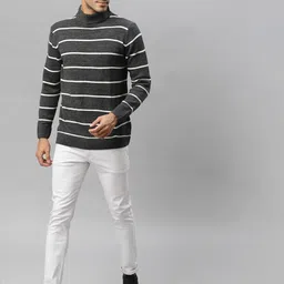 Style Quotient Men Grey & White Striped Pullover image 2