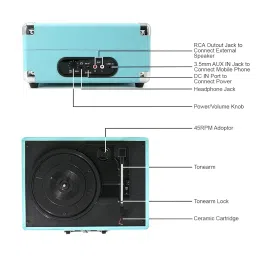 Claw Stag Portable Vinyl Record Player Turntable with Built-in Stereo Speakers, Volume Control Knob, AUX Input and RCA Output, 78 RPM Speed, High Qualiy Diamond Stylus and Headphone Jack (Blue) image 3