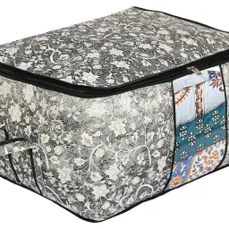 Kuber Industries Flower Print Foldable Woven Underbed Storage Bag|Large Storage Organiser|Blanket Cover with Transparent Window|Size 65 x 45 x 31 CM (Black)-KUBMART16598(Fabric) image 3