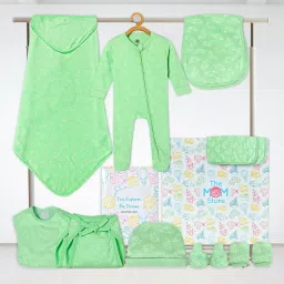 The Mom Store New Born Gift Box | Gift Hamper| Unisex Clothing Set | Infants Essentials | Baby Shower | for Baby Boy and Baby Girl | Mossy Motors, Pastel Green | 9-12M image 1