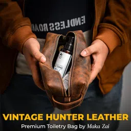 maka zai Genuine Hunter Leather Premium Toiletry Bag | Unisex Vintage Travek Kit Pouch for Men & Women| Elegant Design, Timeless Appeal & Sturdy Metallic Zipper image 4