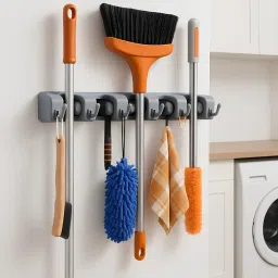 PulGos Mop and Broom Holder Wall Mount, Heavy Duty Broom Stick Holder, Wall-Mounted Tool Organizer, 5 Positions with 6 Hooks, Efficient Space-Saving Storage for Home, Garden, Mops & Brooms - Grey image 1