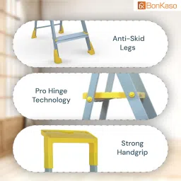 Bonkaso Climb Lite Pro+ 5 Step - Aluminium Foldable Ladder with Tool Tray (105W x 161.3H Cm) | Heavy-Duty, Anti-Slip & Firm Grip for Home, Indoor & Outdoor Use | Durable & Portable (Yellow & Satin) image 4
