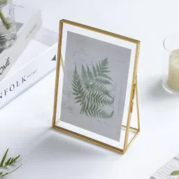 Decorative Glass Photo Frame with Gold Metal Stand, Table Brass double Glass Photo Frame for Dried, pressed Flowers, Poster, Photos, Floating Frame for Gifting 5x7 inches Tabletop, decorative.(Golden) image 1