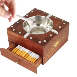 Izna Crafts Wooden Ashtray with Drawer, Handcrafted Rosewood with Stainless Steel Bowl, Polka Dot Design image 1