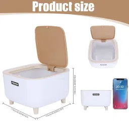 JUVIW Non-Slip Mini Trash Can Storage Bucket with Lid for 2L Plastic Office Kitchen, Table Dustbin Desktop Waste Basket with Lid for Study Table, Bathroom Vanity, 0.5 Gallon White Square image 2