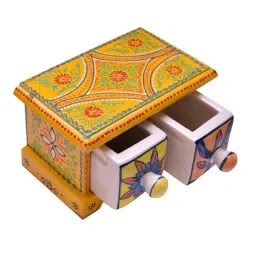 SHRIYAM CRAFT Embossed Painting Handmade Wooden and Ceramic 2 Drawers Small Chest Jewellery Organizer Desk Table (Yellow) image 2
