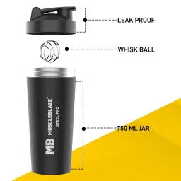 MuscleBlaze Steel Shaker 750 ml with Steel Whisk, Leakproof Gym Shaker Bottle for Supplements, Stealth Black image 2