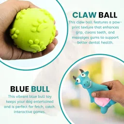 Foodie Puppies 2in1 Combo of Latex Squeaky Sound Chew Toy - (Blue Bull and Claw Ball) for Small Dogs & Puppies | Interactive Non - Toxic Durable Rubber Pet Toy for Training, Chewing and Playing image 5
