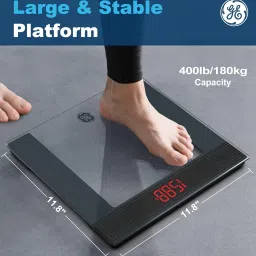 GE Bathroom Scale for Body Weight: Highly Accurate Digital Weighing Machine with Clear Tempered Glass, Compact Design, 400 lbs, with Body Tape Measure image 2