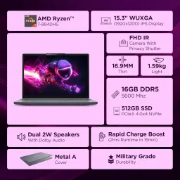 Lenovo IdeaPad Slim 3 AMD Ryzen 7 8840HS 15.3 inch (38.8cm) WUXGA IPS Laptop (16GB RAM/512GB SSD/Windows 11/Office Home 2024/Backlit Keyboard/1Yr ADP Free/Grey/1.6Kg), 83KA0048IN image 1