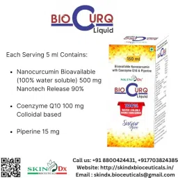 SkinDx BioCurq Liquid NanoCurcumin, Coenzyme Q10 with Piperine | Anti inflammatory Supplement for Adults | With Curcuma Longa Turmeric, Piperine & Coenzyme Q10| Sugar free | 150 ml image 1