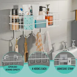 Kuber Industries Metal Self Adhesive Bathroom Organiser with Drill Screws & 4 Hooks | Bathroom Shelf for Wall Adhesive | Bathroom Stand/Rack for Shampoo | Bathroom Accessories Holder | White image 3