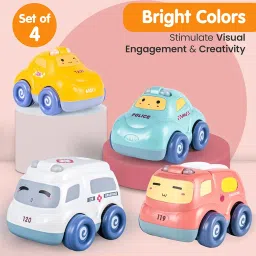 Kidology Push & Go Baby Car Toy Set, Friction Powered Pull Back Cars for Toddlers, 4-Pack with 3D Lights & Sounds, Fun Cartoon Trucks for Boys & Girls, Baby Toys 1+ Year Old image 1