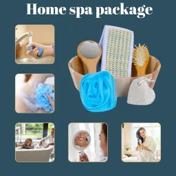 Onprix Luxurious Bath Set,Wooden Bucket with Hair brush, Mirror Natural Pumice Stone on Rope Body & Skin Care Set– 6-Piece Bath & Spa Massage Kit,Linen Back Scrubber With Handles, Body Scrub -Multi image 5