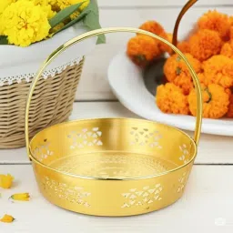 Antique Collection Om Embossed Gold Finish Pooja Basket | 8 Inch Round Metal Flower Daliya with Handle for Mandir, Gifting & Festive Use | Lightweight & Durable 300g image 5