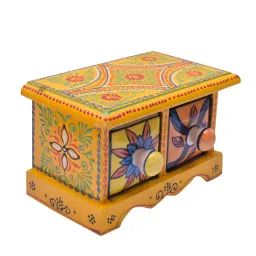 SHRIYAM CRAFT Embossed Painting Handmade Wooden and Ceramic 2 Drawers Small Chest Jewellery Organizer Desk Table (Yellow) image 1