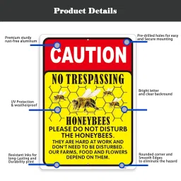 Phyabe Caution No Trespassing Honeybees Sign, 2 Pack 10 x 14 inch Metal Reflective Rust Free Aluminum Sign, Weather Resistant, Waterproof, Durable Ink, Easy to Install image 2